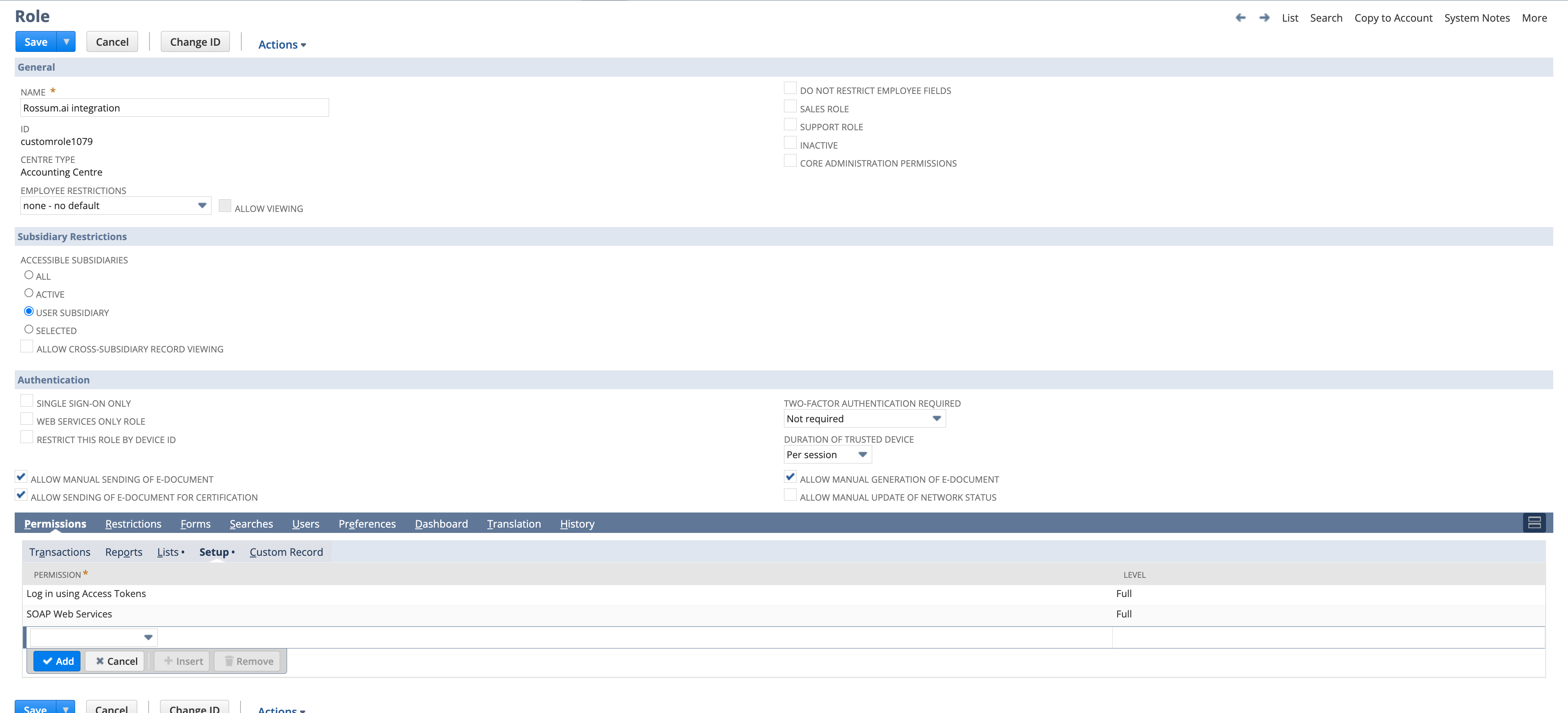 NetSuite Role configuration